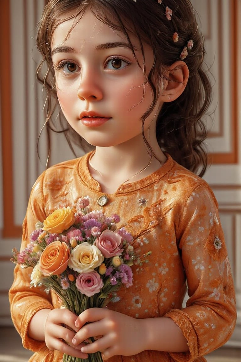 Masterpiece, excellent quality, realistic, high-definition 4K cartoon style, a lovely 4-year-old girl wearing a bright orange crop top, standing holding a bouquet of colorful flowers wrapped in orange paper, showing her beauty. The background is orange trim.