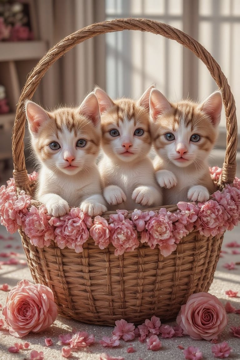 Anime picture of 3 cute kittens with big sparkling eyes, sitting and playing in a pink flower basket, with pink flowers placed on the floor, overflowing with pink tones.