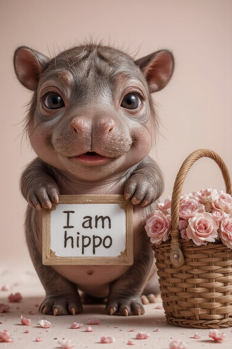 Anime image of a cute baby hippo with big sparkling eyes, opening its mouth to greet cutely, standing on two legs with a sign in its hand that says "I am hippo" written on it, next to a basket of pink flowers, with pink flowers placed on the ground, pink tone.