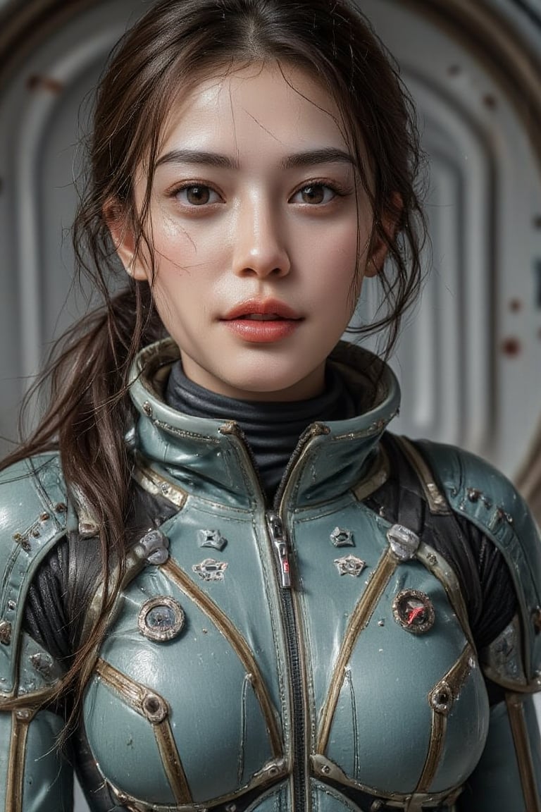 Masterpiece, top quality, realistic, realistic style, FuturEvoLabScene 1, single girl, looking at the audience, long hair tied back, tight space suit, light green and blue, full body shot.