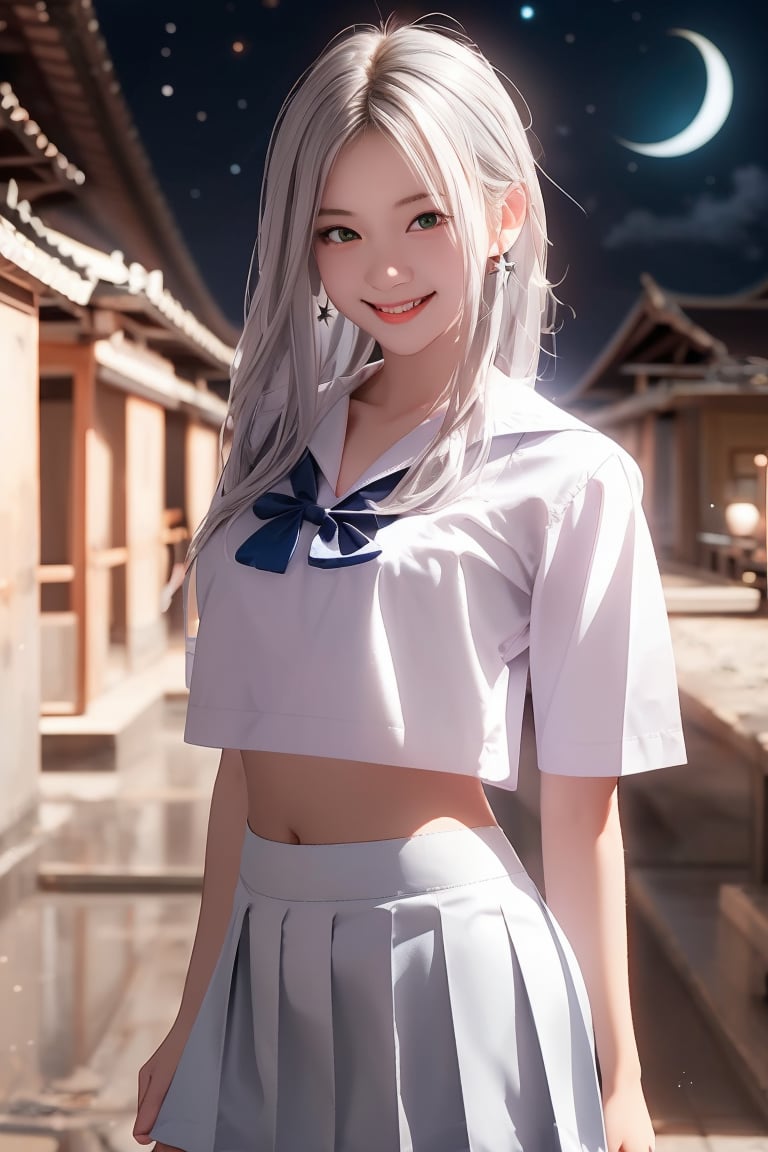 HD 8K Masterpiece High Definition Brown Eyes White-Gray Hair School Girl Look Stars Night Sky View 1 Girl Chaina 20 Years Old 1 Girl Gray-White Hair with Green Shine Brown Eyes She Is Wearing A School Girl Uniform Crop Top Thai School White Shirt Blue Skirt Realistic Style She Is Standing In Front Of A Thai School