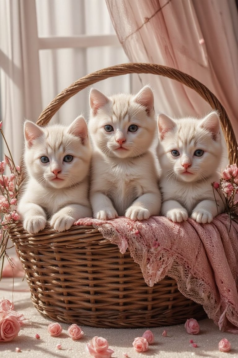 Photo of 3 kittens sitting in a basket of pink flowers, pink tones.