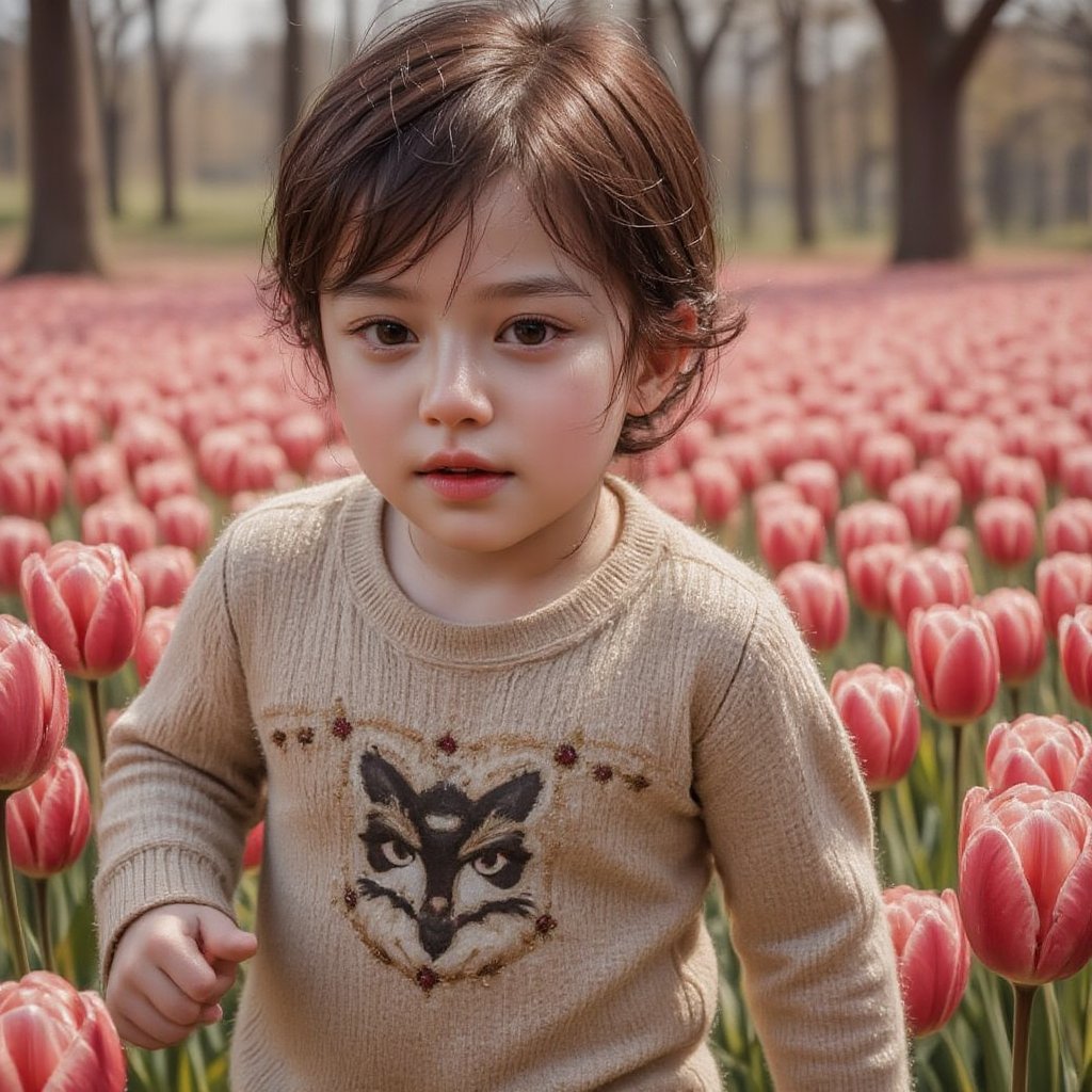 8K Realistic 3D Image of Thai Little Boy with Black Hair and Sparkling Brown Eyes Running in Pink Tulip Field, Showing the Cuteness of Little Boy in Beautiful Nature, Wide Angle Shot Showing the Details of the Field