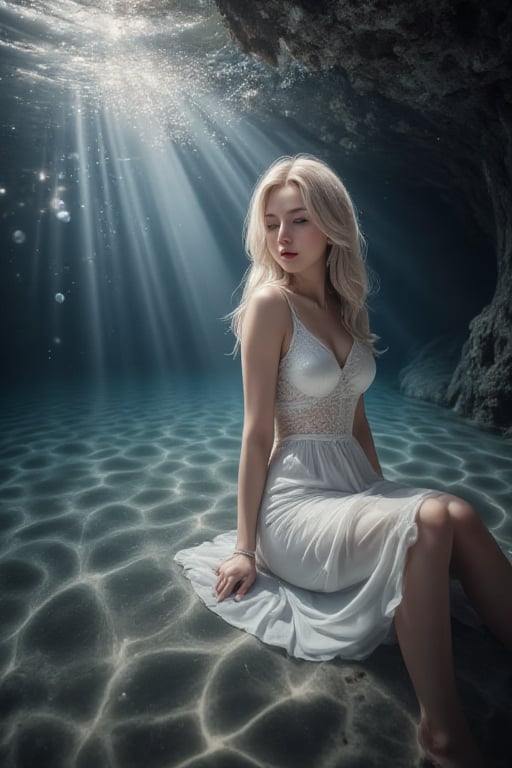 A beautiful woman is sleeping at the bottom of a deep lake. She is dreaming. She is wearing a simple white camisole dress. Her hair is a beautiful platinum blonde and the bottom of the lake is a deposit of whitish sand with beautiful ripple patterns. Her surroundings are faintly lit, as if by a soft illumination. Tiny bubbles of light are rising upwards. Tiny bubbles of light rise upwards. Particles of light sparkle around her. Star-shaped, mysterious, ethereal.