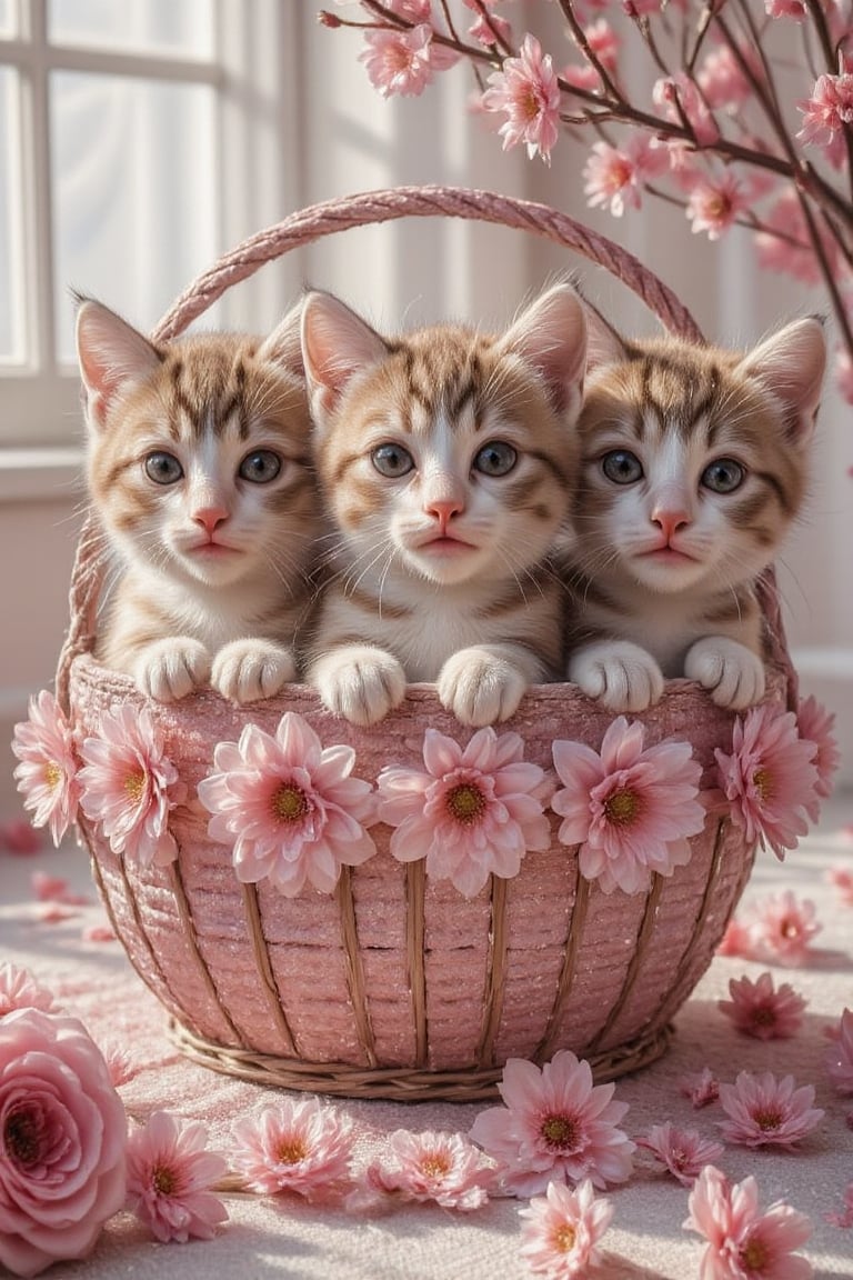 Anime picture of 3 cute kittens with big sparkling eyes, sitting and playing in a pink flower basket, with pink flowers placed on the floor, overflowing with pink tones.