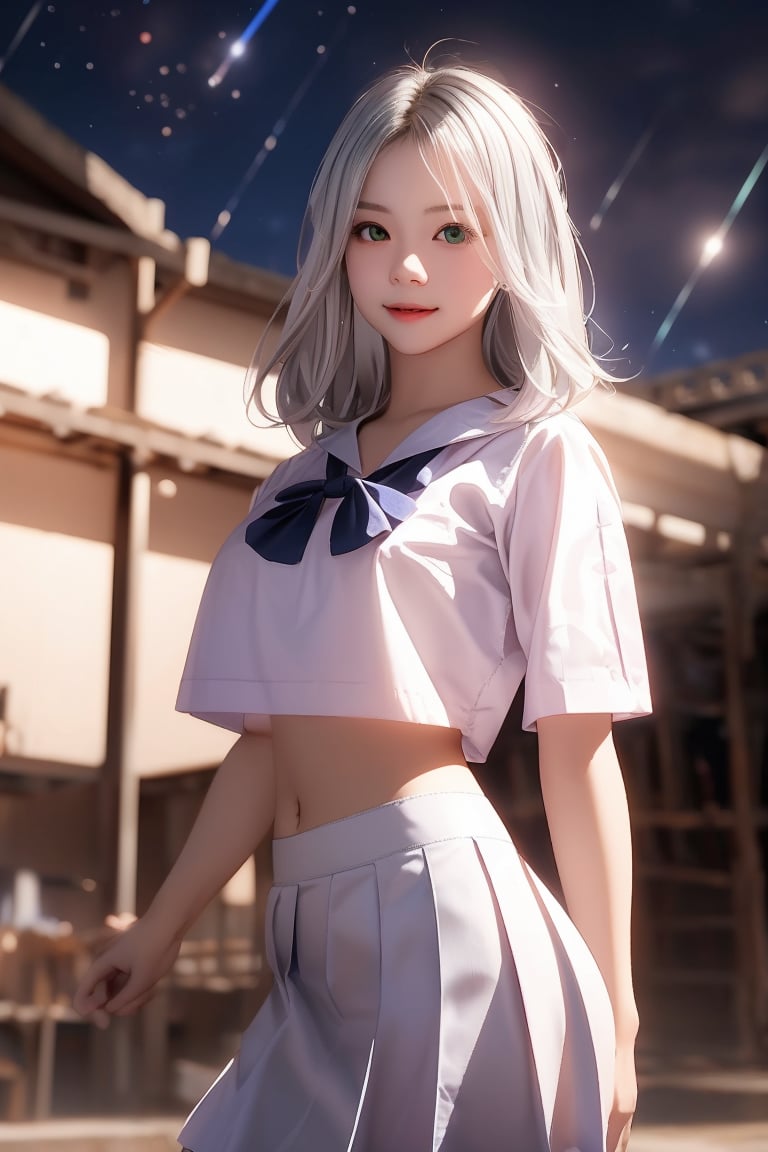 HD 8K Masterpiece High Definition Brown Eyes White-Gray Hair School Girl Look Stars Night Sky View 1 Girl Chaina 20 Years Old 1 Girl Gray-White Hair with Green Shine Brown Eyes She Is Wearing A School Girl Uniform Crop Top Thai School White Shirt Blue Skirt Realistic Style She Is Standing In Front Of A Thai School