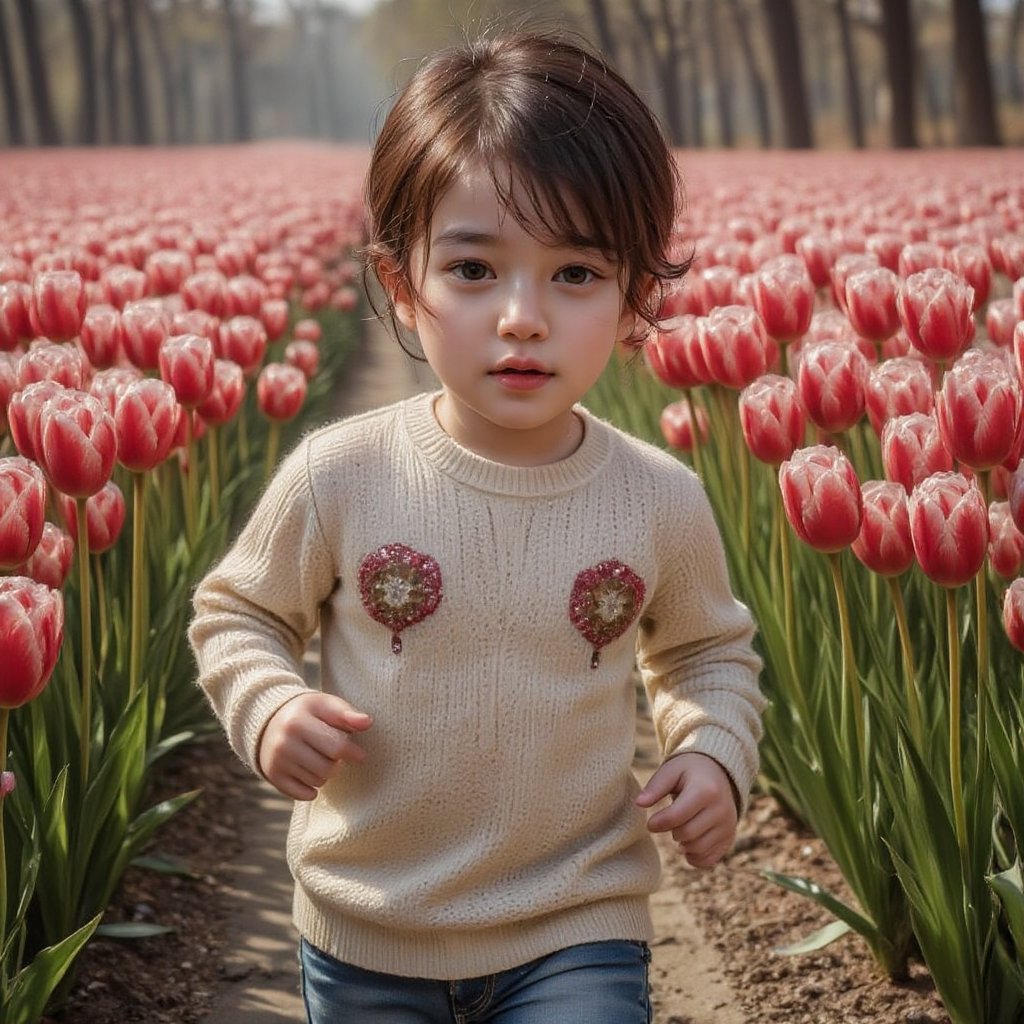 8K Realistic 3D Image of Thai Little Boy with Black Hair and Sparkling Brown Eyes Running in Pink Tulip Field, Showing the Cuteness of Little Boy in Beautiful Nature, Wide Angle Shot Showing the Details of the Field