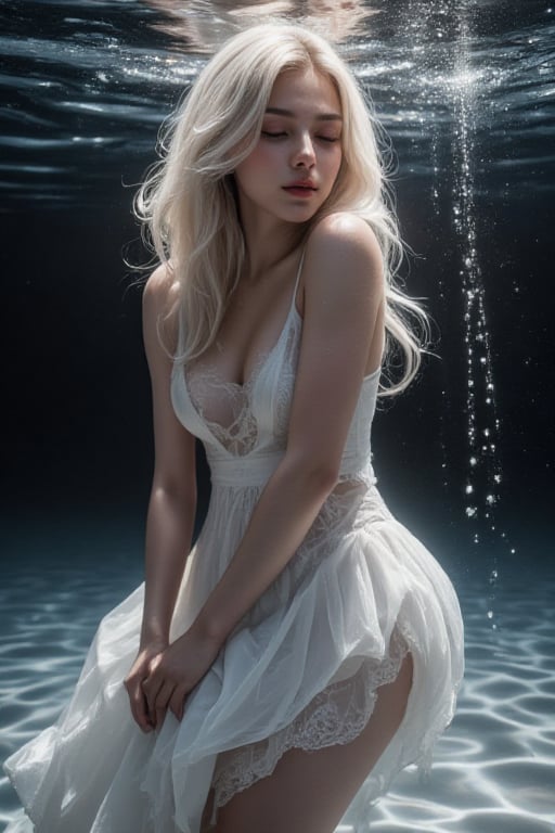 A beautiful woman is sleeping at the bottom of a deep lake. She is dreaming. She is wearing a simple white camisole dress. Her hair is a beautiful platinum blonde and the bottom of the lake is a deposit of whitish sand with beautiful ripple patterns. Her surroundings are faintly lit, as if by a soft illumination. Tiny bubbles of light are rising upwards. Tiny bubbles of light rise upwards. Particles of light sparkle around her. Star-shaped, mysterious, ethereal.