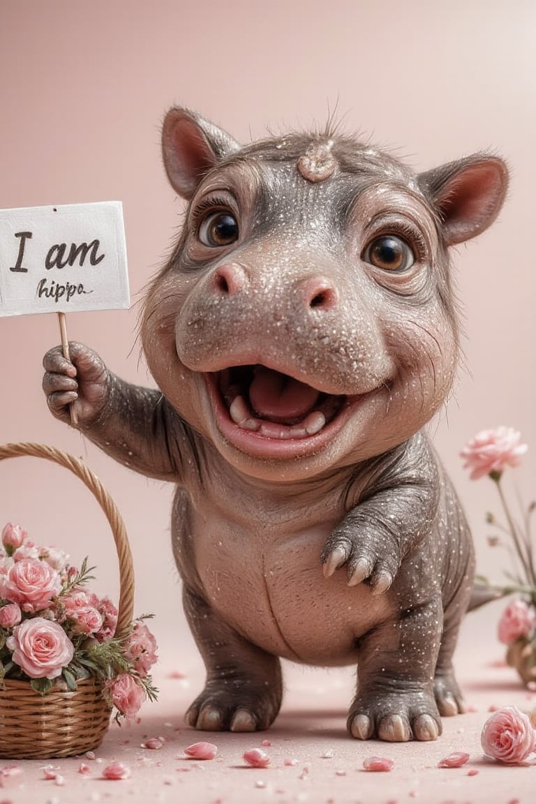 Anime image of a cute baby hippo with big sparkling eyes, opening its mouth to greet cutely, standing on two legs with a sign in its hand that says "I am hippo" written on it, next to a basket of pink flowers, with pink flowers placed on the ground, pink tone.