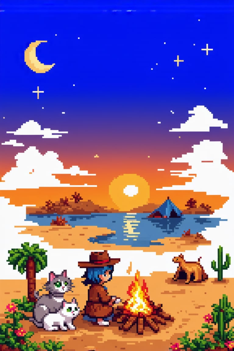 Pixel art scene of a vast desert oasis at dusk. Deep blue purple sky to orange, full of stars, sun is about to vanish with really red orange colors emitting, moon is thinly appear. A little girl with short blue hair and striking green eyes sits by a small campfire. She sit with her cats, 2cat, white cat, grey cat, playing. Her cat wear cowboy hat. Her traditional robes flow in earthy tones. Palm trees and a small natural lake reflect the setting sun. The girl's tent is nearby, made of weathered fabric. A camel rests in the background. The sky transitions from deep blue to orange, with pixelated stars appearing. Cacti and desert flowers dot the landscape.,pixelartsd3