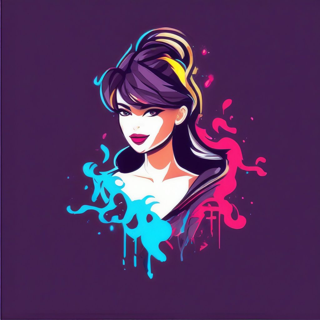 Craft a gaming logo with a fashion theme, merging fashion and AI elements. The logo showcases a stylized, abstract depiction of a woman's face, embodying elegance and technology. The design is vibrant and elegant, utilizing a colorful palette that is both eye-catching and refined. The composition is sleek and impactful, with a focus on modern aesthetics and visual appeal, suitable for a gaming audience with a taste for fashion and innovation. Color splatter like fire and smoke gas. Simple, elegant,
