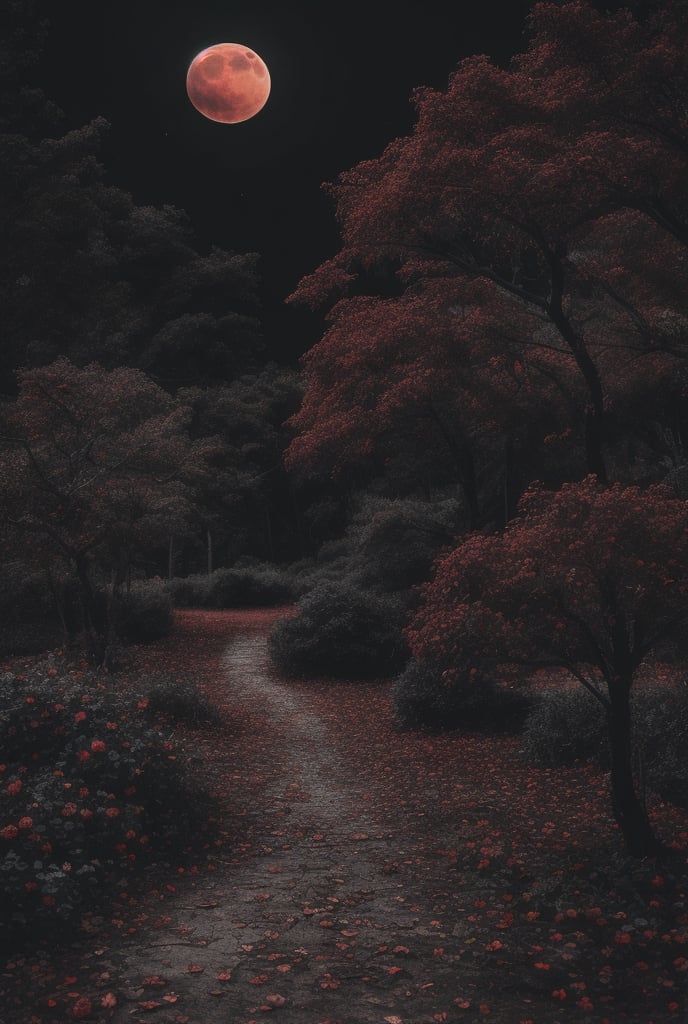 black roses, red moon, dried trees, dark atmosphere, beutiful butterfly