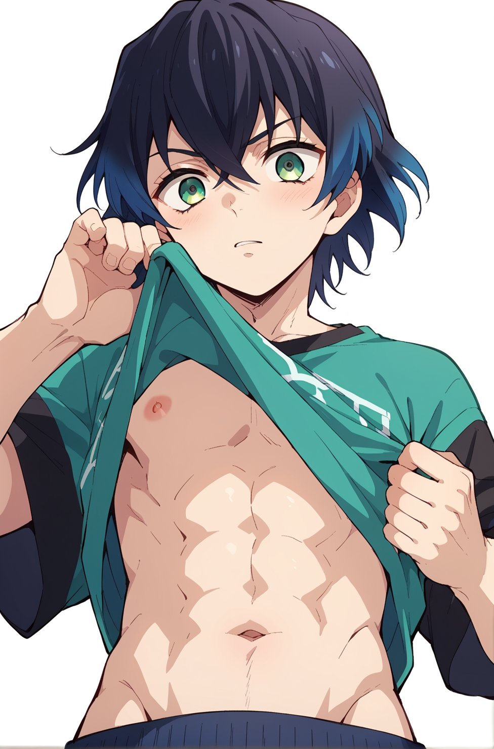 Gay, pulling up shirt, twink,white background, showing belly, bottom view, anime style, , score_9_up, score_8_up, score_7_up, score_6_up,score_5_up,score_4_up,source_anime,BREAK,anime, twink, anime, twink,inosuke_hashibira, black hair, green eyes, blue hair, multicolored hair, bangs, short hair, hair between eyes, gradient hair,