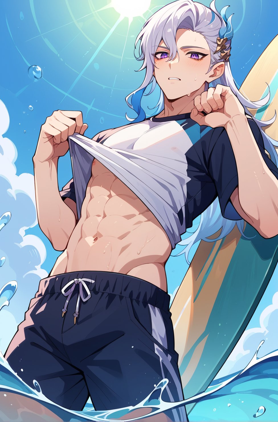 Gay, right shirt, twink,water background, bottom view, surf board, surfer, ,surf suit, swim suit, suit, look at viewer, pulling shirt up, holding surf board, anime style, strong, looking down, score_9_up, score_8_up, score_7_up, score_6_up,score_5_up,score_4_up,source_anime,BREAK, anime, twink, anime, twink,Neuvillette,Long Hair, White Hair, Blue Hair,Multicolored Hair, Purple Eyes,Feather Hair Ornament