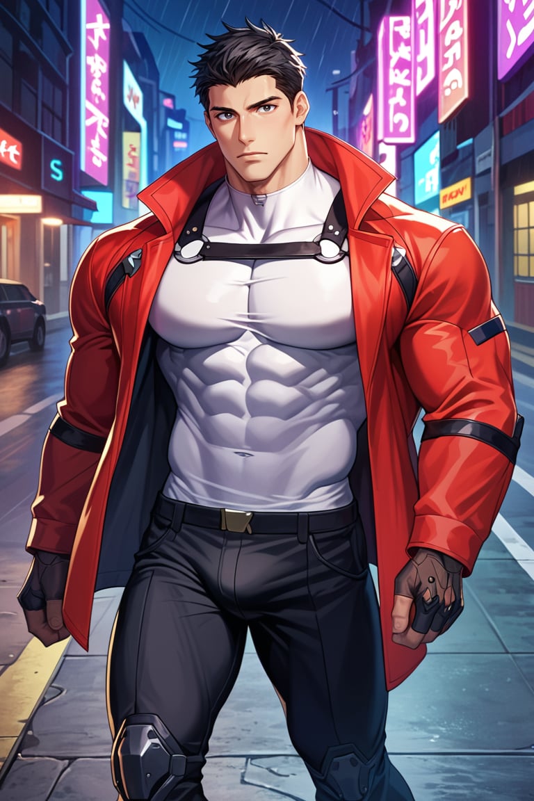 score_9, score_8_up, score_7_up, masterpiece, best quality, source_anime, perfect anatomy, (zPDXL3), perfect anatomy,
BREAK, 
front view, from above, solo, 1boy, muscular male, bara, song_taewon, black hair, short hair, black eyes, sideburn, huge crotch bulge, pectorals, cool expression, serious, walking, looking at viewer,
BREAK,
Cyberpunk Clothing, tight shirt, long coat, harness outside shirt, gloves, knee guard,  choker,
BREAK,
 street, raining, neon lighting, night, cyberpunk, shiny skin