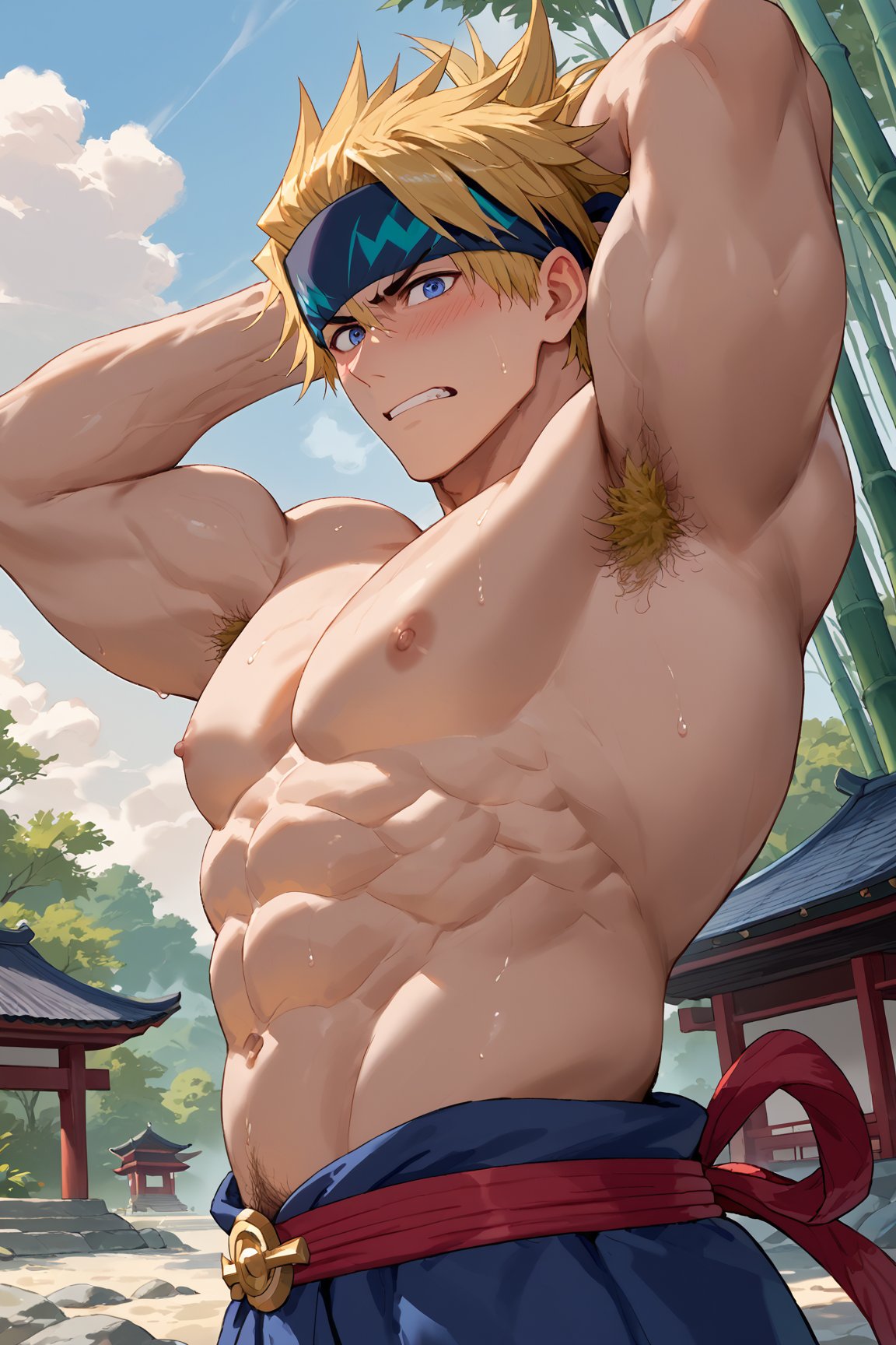 score_9, score_8_up, score_7_up, masterpiece, best quality, negative_hand, source_anime,
BREAK,
extreme perspective, side view, flexing, smelly armpit, steaming armpit, armpit close-up, excessive bushy armpit hair, sweating, embarassed, solo focus, Fate Grand Order, Kintoki, Berserker, blue eyes, muscular male, bara, blonde, alternate costume, masculine, tall, headband, six-pecs abs, blushing,
BREAK,
outdoors, traditional japanese house, bamboo trees, japanese garden