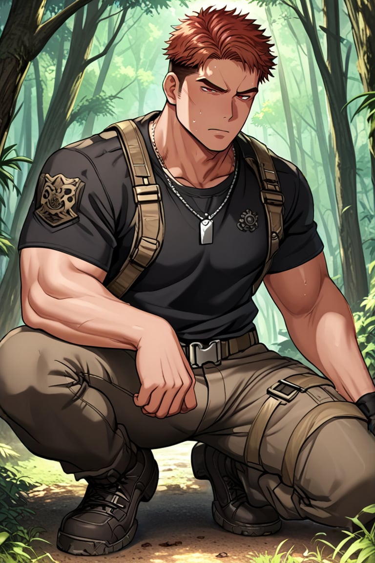 score_9, score_8_up, score_7_up, score_6_up, score_5_up, score_4_up, source_anime, detailed background, perfect proportion, perfect anatomy, high res, (zPDXL3),
BREAK,
male focus, 1boy, solo, bara,muscular male, shinkai_soyogu, brown hair, short hair, undercut, red eyes, neutral expression, squatting,pectorals, huge crotch bulge,
BREAK, 
dog tags, tactical clothes, black tight shirt, 
BREAK,
outdoor, forest