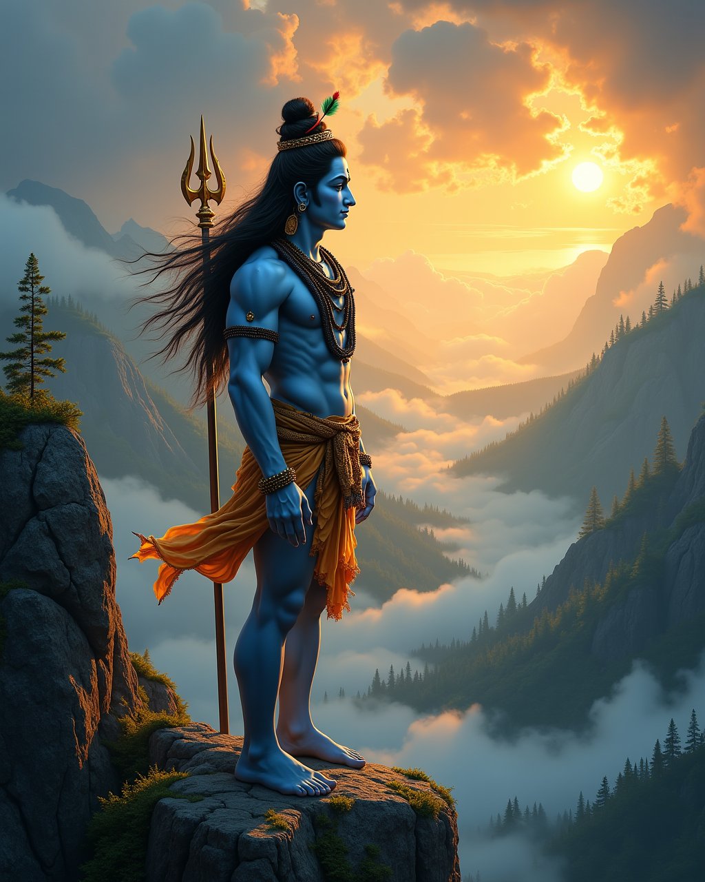 Shiva stands on the edge of a rugged mountain cliff, high above the clouds. His blue skin shimmers in the golden glow of the rising sun. He is adorned with a necklace of rudraksha beads and a snake coiled around his neck. His trident is planted firmly beside him, and his third eye glows with divine energy. The wind carries his matted hair, with the sacred Ganges flowing from it. Below him, the vast landscape of forests and rivers stretches into the distance, while storm clouds gather on the horizon, creating a powerful and dynamic scene of nature's forces aligning with his presence.