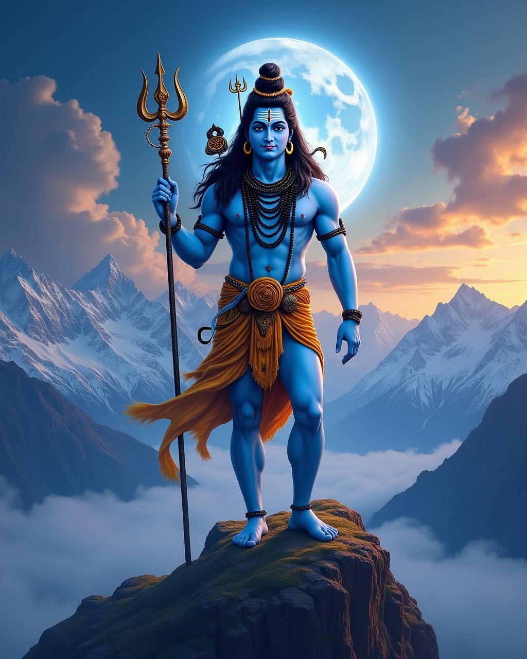 [lord shiva parvati] Shiva, the divine god of transformation, stands tall on a majestic mountain peak. His blue skin glows against the twilight sky, and his matted hair flows as the sacred Ganges River emerges from it. A cobra coils around his neck, and the crescent moon rests on his head. He holds a powerful trident in one hand, and his other hand is raised in a blessing gesture. The tiger skin wrapped around his waist moves in the wind. Behind him, the snow-capped Himalayan mountains and swirling clouds create a powerful and serene atmosphere, with the full moon illuminating his figure.