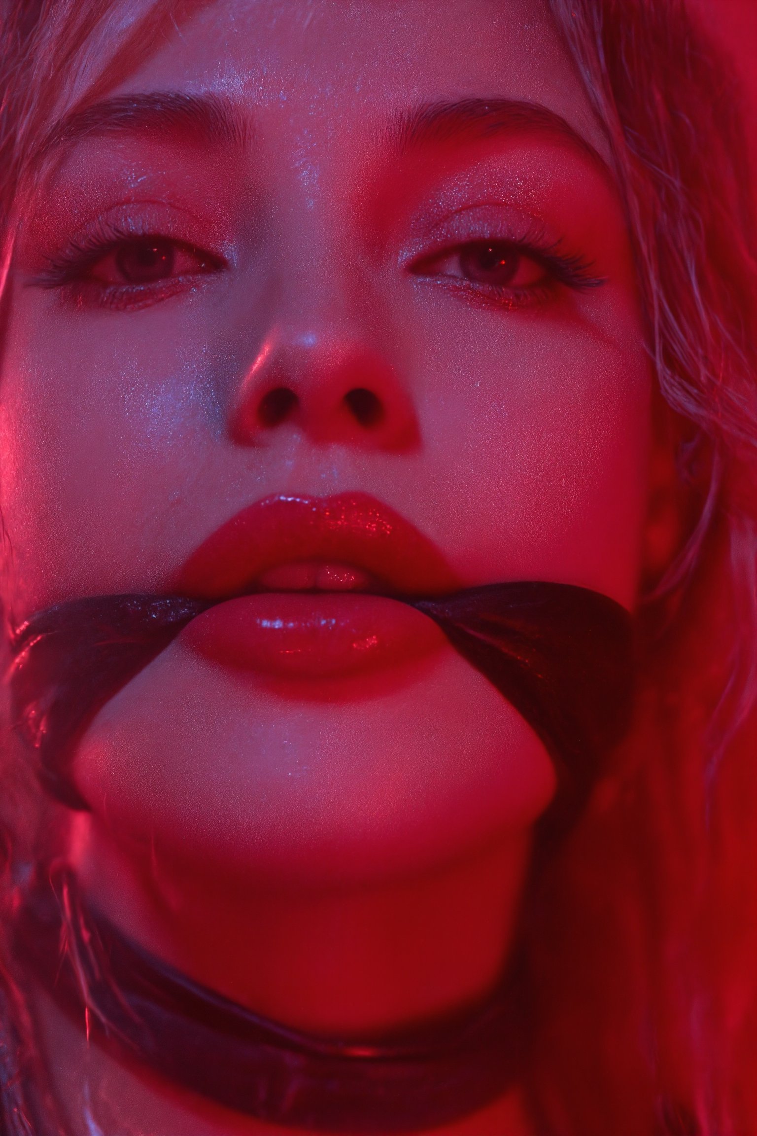 Cinematic style, film still, high quality. close-up, high-contrast photograph focusing on the female's face. The subject has fair skin with a wet, oily texture, and the lips are prominently featured, coated in a glossy, vibrant red lipstick that reflects light, biting a black leather leash c1eavegag . ((detailed lips)). The lighting is dramatic, with a strong red hue casting over the left side of her face, creating a bold and intense atmosphere. The overall style is edgy and artistic, emphasizing the interplay of light, color, and texture.,