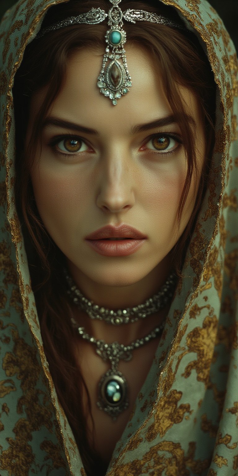 Cinematic style, film still, high quality, high contast. A close-up portrait of a beautiful woman with piercing green eyes, wearing an ornate headpiece with silver pendants, gemstone beads, and chain. Her veil features intricate earth tone patterns inspired by the iconic designs of Ming Dynasty Chinese vases. highly detailed. blushing, detailed skin, subtle freckles, reddish brown hair, wavy hair, strand of hair running over her face. Her face was partially obscured by shadow. Deep shadow, depth of field, film_grain, grainy.
BREAK,Midjourneyart,Fantasy detailers 