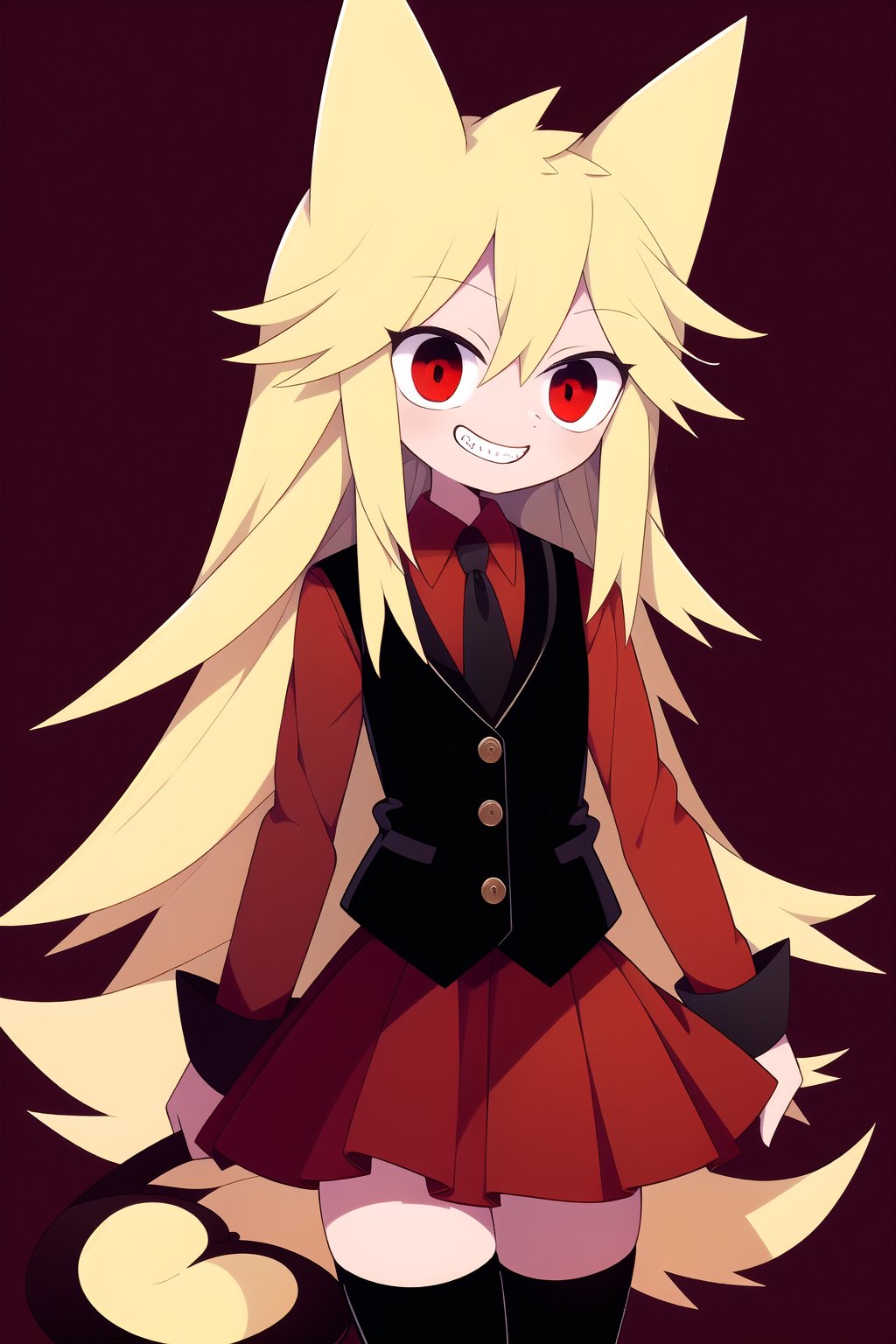 1girl, solo, long hair, blonde hair, simple background, red eyes, long black sleeves, animal ears, tail, cowboy shot, pleated skirt, grin, vest, red skirt, (red shirt), black necktie, long black stockings, black boots