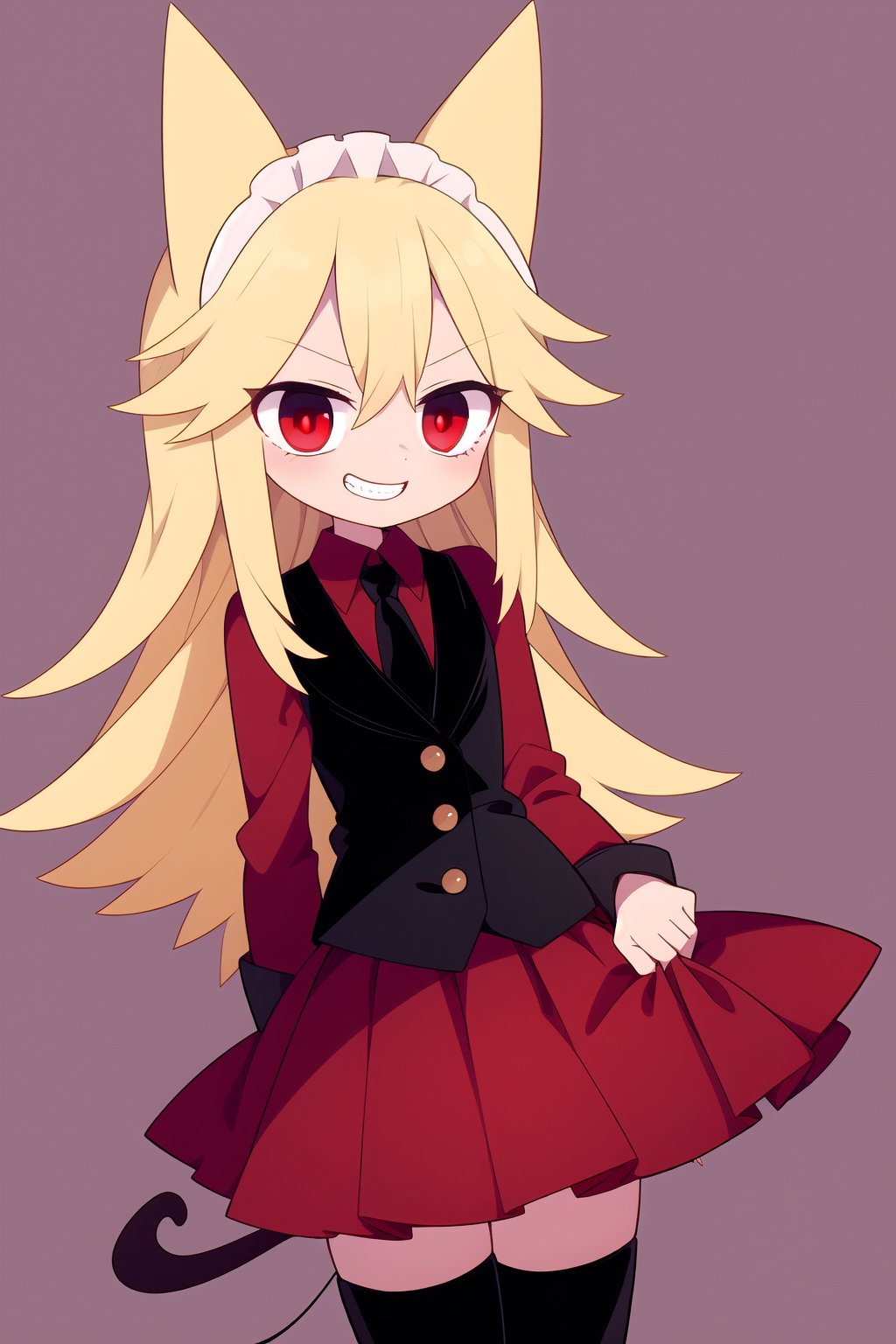 1girl, maid_headband, maid_costume, alternate_outfit, maid_dress, maid_uniform, solo, long hair, blonde hair, simple background, red eyes, long black sleeves, animal ears, tail, cowboy shot, pleated skirt, grin, vest, red skirt, black necktie, black boots,