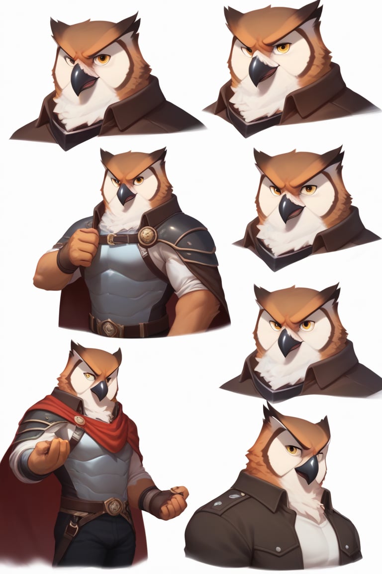 white background, 1male, solo, multiple faces, four faces, separate faces, reference sheet, expressions, different expressions, multiple views, different views, (Character description) score_9, score_8_up, score_7_up,
Anthro, owl, bird, muscular, gold eyes, , brown feathers, white feathered chest, 
8K, In'ei, chiaroscuro, depth of field, side lighting, cinematic lighting, clear_eyes,
perfect hands, perfect proportions, (leather chest armor)
dynamic pose, perfect hands, clever, charismatic, alluring and handsome, inviting smile, brash, masterful manipulator, tattered cape, black pants,  
BREAK zPDXL, zPDXLxxx, bnav5 style, 