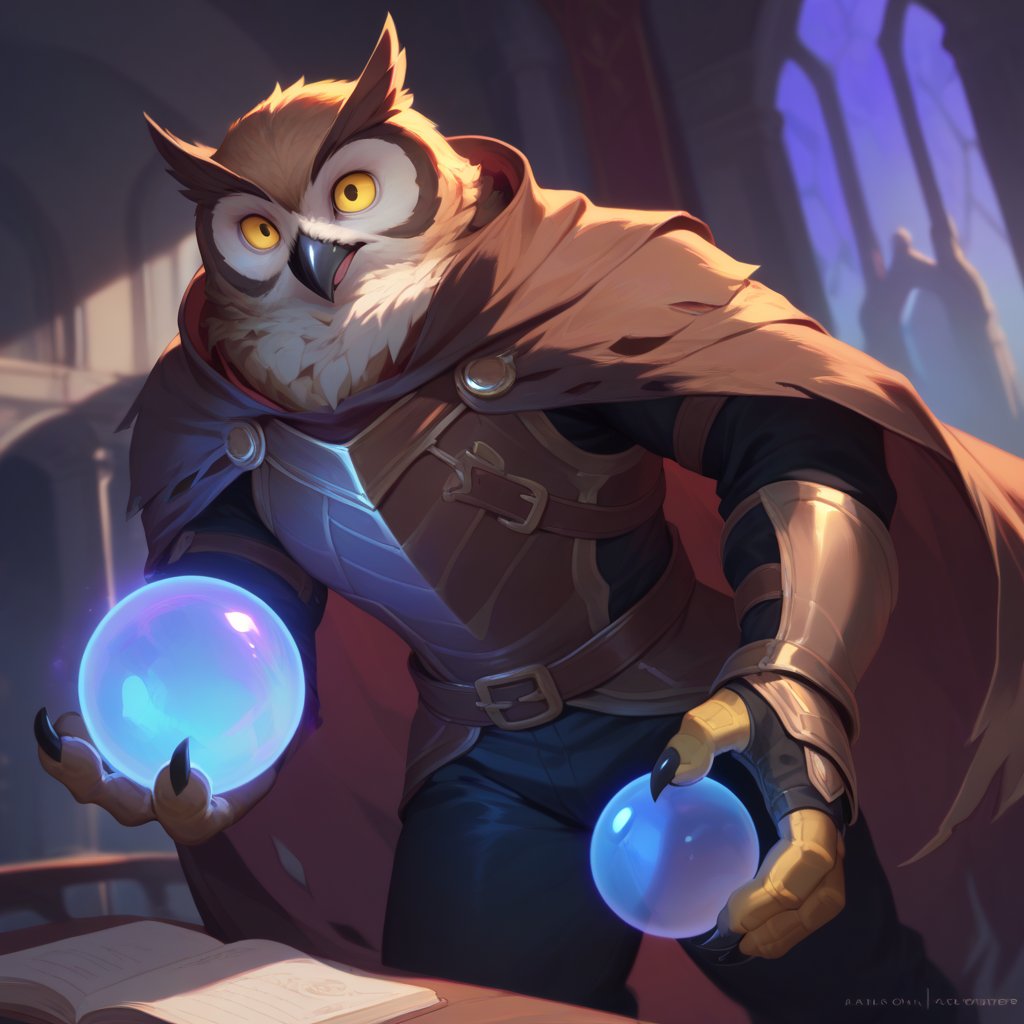 ((floating orb)), score_9, score_8_up, score_8, score_7_up, 8k, high quality, anthro, POV,  (close up:0.5), Dynamic angle, anthro, 1men, Owl, magic knight, (leather armor, tattered cape, magic gauntlets, black pants), yellow eyes, brown feathers, talons, male, anthro, gazing into a crystal ball, holding crystal ball, standing, (rugged appearance, scruffy), glowing, pondering orb, nighttime, inside, mages tower, masterpiece, best quality, highly detailed, (perfect eyes:1.1)
    