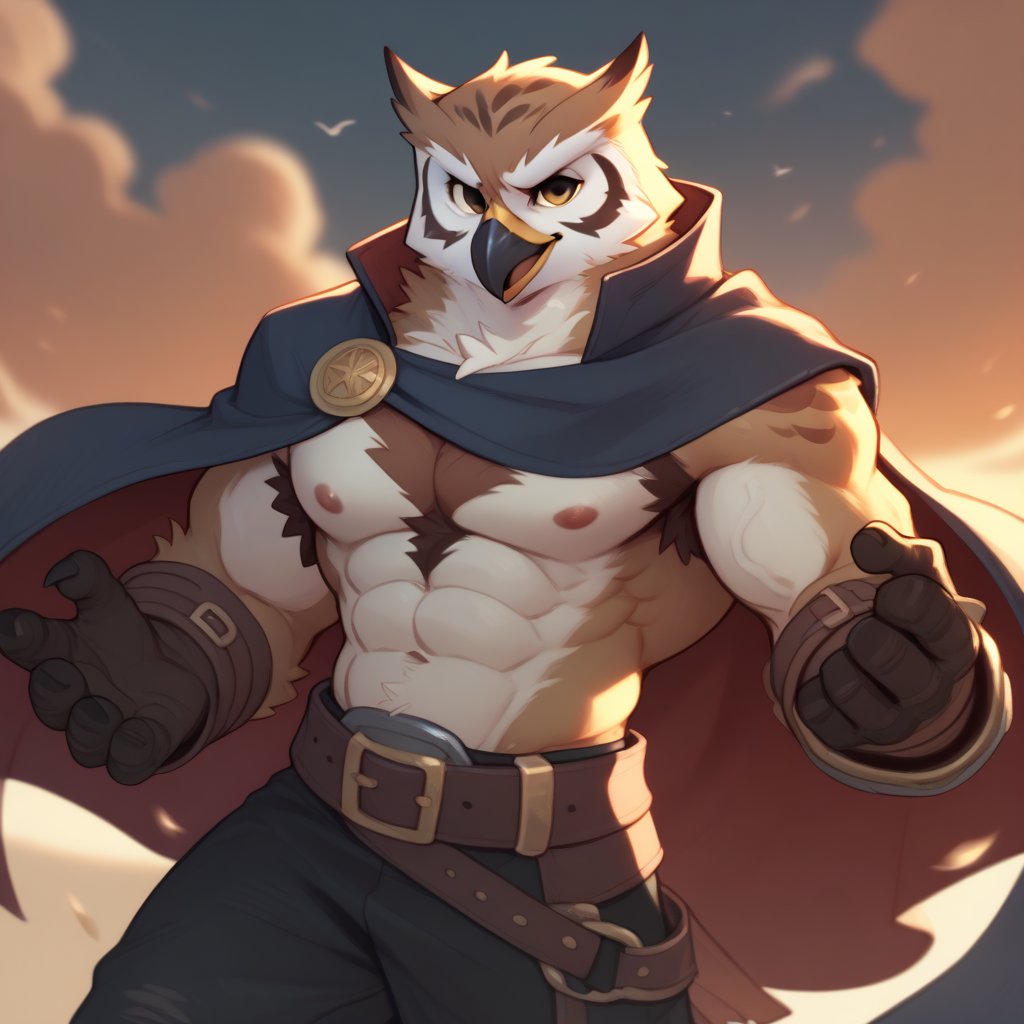 ((leather breastplate)), score_9, score_8_up, score_7_up,
Anthro, owl, bird, muscular, gold eyes, , brown feathers, white feathered chest, 
8K, In'ei, chiaroscuro, depth of field, side lighting, cinematic lighting, clear_eyes,
perfect hands, perfect proportions, 6abs, peak physical perfection, perfect male physique, sexy muscular body, 
dynamic pose, detailed anime background, detailed photographic fluffy anime clouds, perfect hands, clever, charismatic, alluring and handsome, inviting smile, brash, masterful manipulator, tattered cape, black pants,  
BREAK zPDXL, zPDXLxxx, 