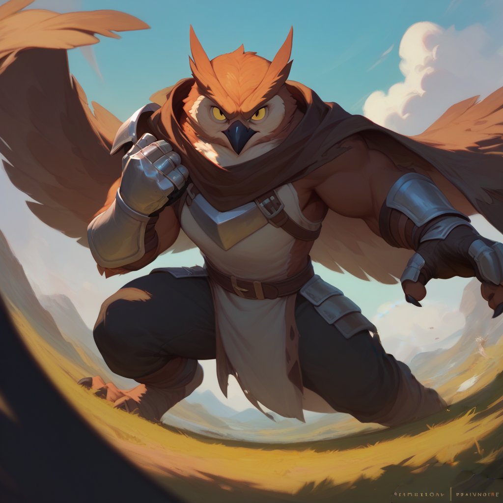 score_9, score_8_up, score_8, score_7_up, 8k, high quality, anthro, POV, Dynamic angle, anthro, Owl, magic knight, (leather armor, tattered cape, magic gauntlets), yellow eyes, brown feathers, agressive, fighting a dragon, feral dragon, male, anthro, action pose,(rugged appearance, scruffy), stand off, fierce, daytime, at day, outside, barren field, masterpiece, best quality, highly detailed, (perfect eyes:1.1)
    