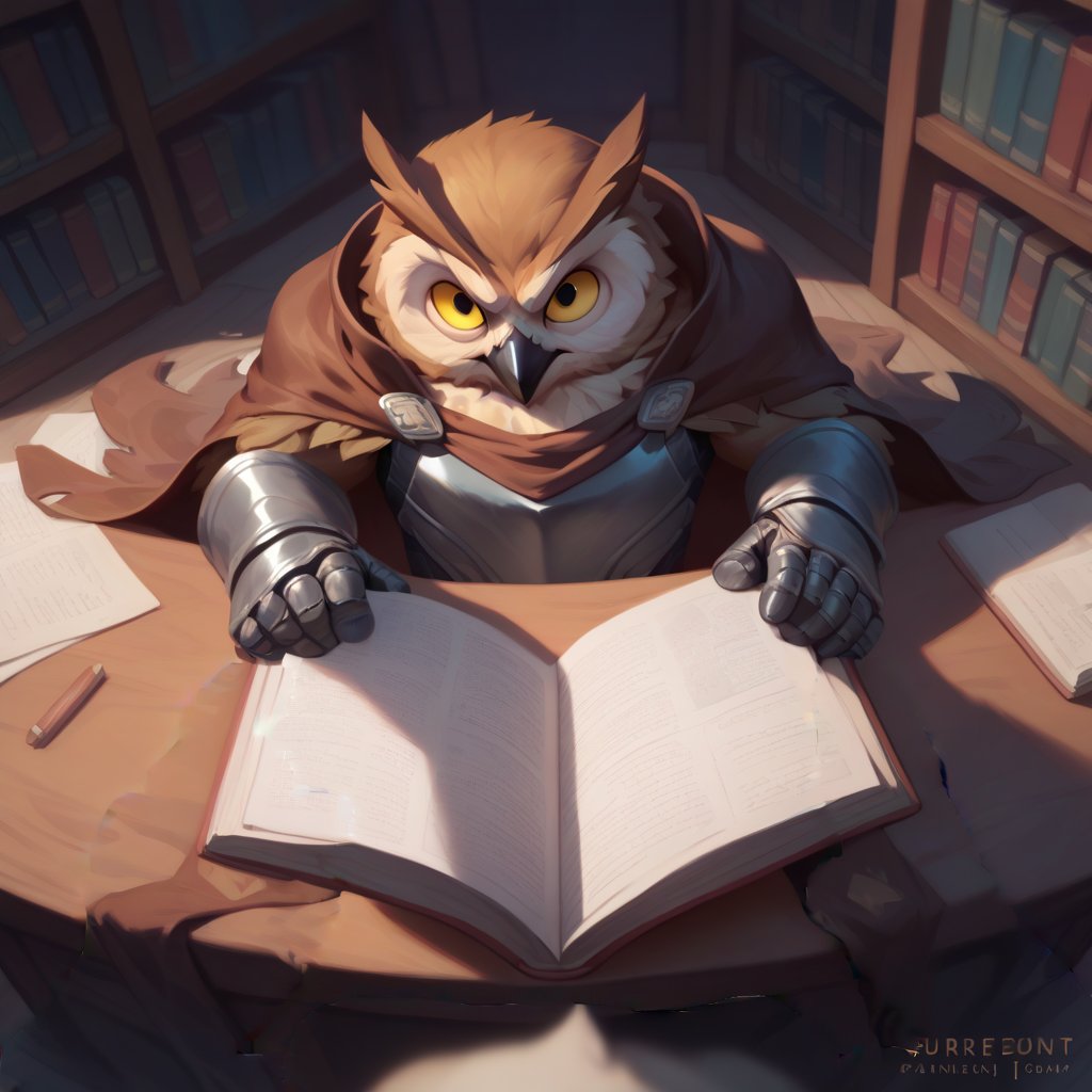 score_9, score_8_up, score_8, score_7_up, 8k, high quality, anthro, POV, from above, Dynamic angle, anthro, 1men, Owl, magic knight, (leather armor, tattered cape, magic gauntlets), yellow eyes, brown feathers, magical tome, male, anthro, reading, sitting, laying back, (rugged appearance, scruffy), serene, calm, daytime,  inside, library background, masterpiece, best quality, highly detailed, (perfect eyes:1.1)
    