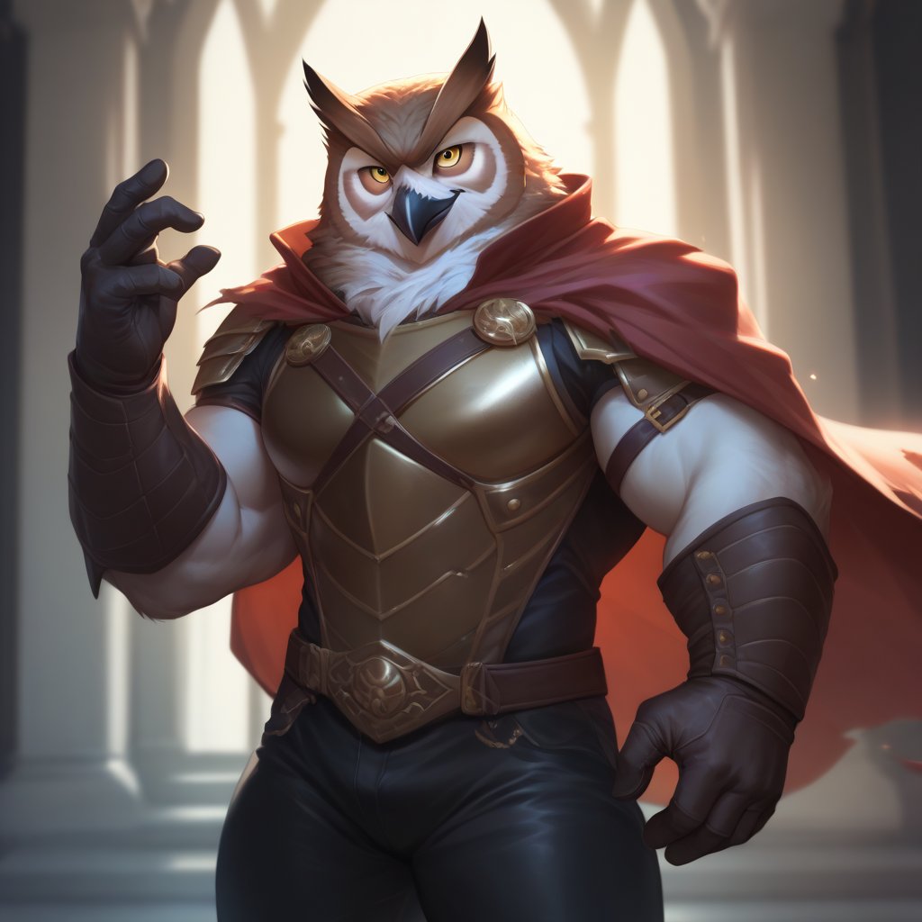 score_9, score_8_up, score_7_up,
Anthro, owl, bird, muscular, gold eyes, , brown feathers, white feathered chest, 
8K, In'ei, chiaroscuro, depth of field, side lighting, cinematic lighting, clear_eyes,
perfect hands, perfect proportions, (leather chest armor)
dynamic pose, detailed anime background, dark castle, perfect hands, clever, charismatic, alluring and handsome, inviting smile, brash, masterful manipulator, tattered cape, black pants,  
BREAK zPDXL, zPDXLxxx, bnav5 style, 