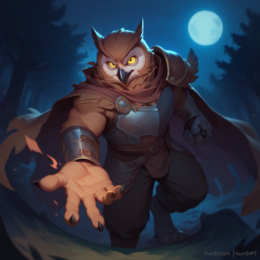 score_9, score_8_up, score_8, score_7_up, 8k, high quality, anthro, POV, Dynamic angle, anthro, 1men, Owl, magic knight, (leather armor, tattered cape, magic gauntlets), yellow eyes, brown feathers, agressive, full moon , male, anthro, standing, action pose,(rugged appearance, scruffy), fighting demons, fierce, night, at night, outside, haunted forest, masterpiece, best quality, highly detailed, (perfect eyes:1.1)
    