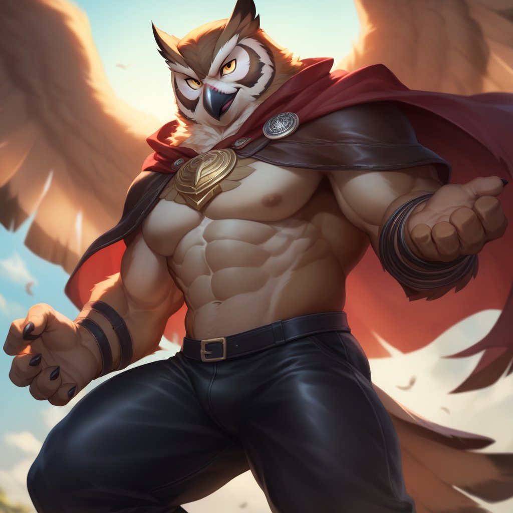 score_9, score_8_up, score_7_up,
  Anthro, owl, bird, muscular, gold eyes, , brown feathers, white feathered chest, 
8K, In'ei, chiaroscuro, depth of field, side lighting, cinematic lighting, clear_eyes,
perfect hands, perfect proportions, 6abs, peak physical perfection, perfect male physique, sexy muscular body, 
dynamic pose, detailed anime background, detailed photographic fluffy anime clouds, perfect hands, clever, charismatic, alluring and handsome, inviting smile, brash, masterful manipulator, ((leather chestplate)), tattered cape, black pants,  
BREAK zPDXL, zPDXLxxx, bnav5 style,