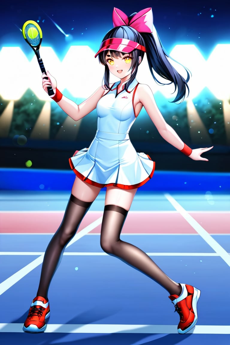 Paris Olympics, (((tennis))), (blue sky), (white, red, blue, tricolor color), visor cap, white dress, short dress, sleeveless, wristband, tennis uniform, (full body), ((playing tennis)), anime style beautiful woman, 1girl, (ponytail), black hair, (long hair), Slender, skinny, (turime), thick eyebrows, vibrant colors, sharp focus, best quality, depth of field, cinematic lighting, (illustration, 8k CG, extremely detailed), ultra-detailed, high resolution, firefliesfireflies, perfect light, stylish pose, 8k, very clear, highest quality, high resolution. best quality, illustration, sax blue, 1girl, cute, (dynamic lighting:1.2), cinematic lighting, delicate facial features, detailed eyes, sharp pupils, realistic pupils, depth of field, bokeh, sharp focus, (hyper-detailed, bloom, glow:1.4), many small gems,girl,black stockings