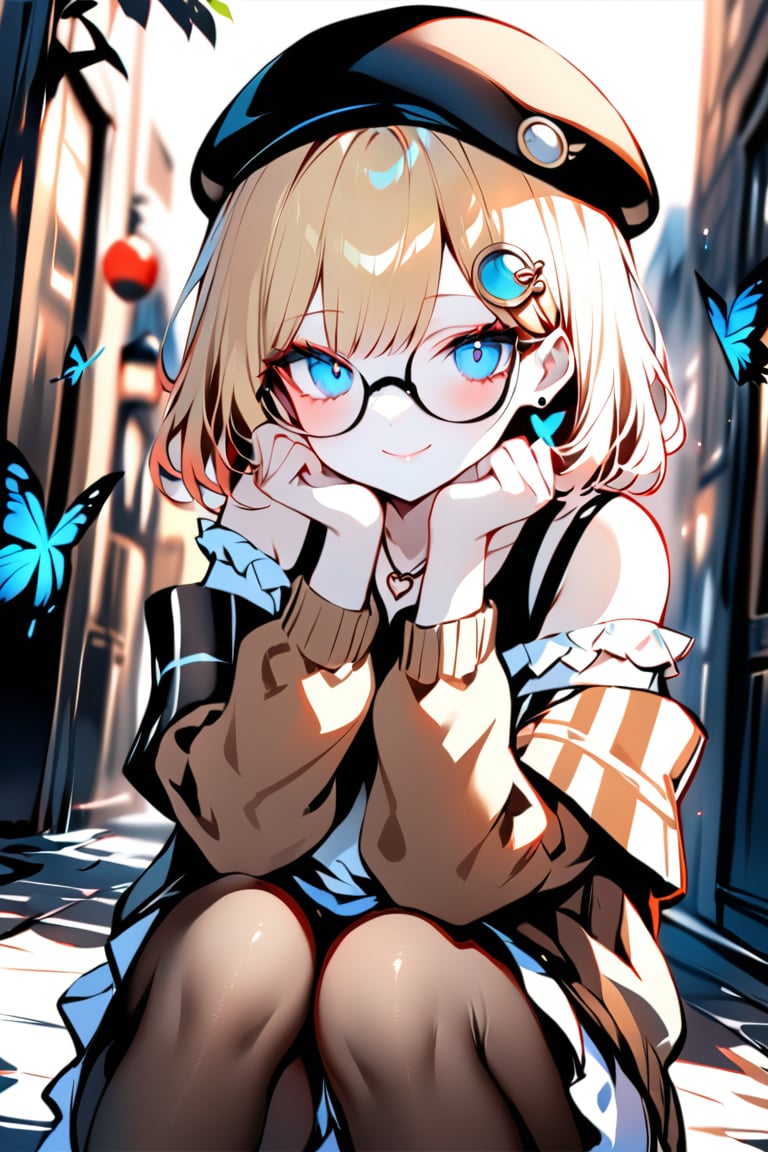 (masterpiece), (best quality), illustration, ultra detailed, hdr, depth of field, (colorful),[artist:wlop],[[artist:sheya]],artist:hiten_(hitenkei), 1girl, solo, looking at viewer, smile, short hair, bangs, blue eyes, skirt, blonde hair, shirt, hair ornament, long sleeves, hat, bare shoulders, jewelry, sitting, closed mouth, collarbone, white shirt, heart, pantyhose, earrings, outdoors, frills, glasses, hairclip, virtual youtuber, necklace, off shoulder, blurry, official alternate costume, plaid, black headwear, blurry background, beret, squatting, bob cut, bug, butterfly, head rest, brown jacket, round eyewear, brown headwear, off-shoulder shirt, frilled shirt, hands on own face, official alternate hairstyle, heart earrings, hands on own cheeks, monocle hair ornament, plaid jacket, key necklace, watson amelia,black stockings