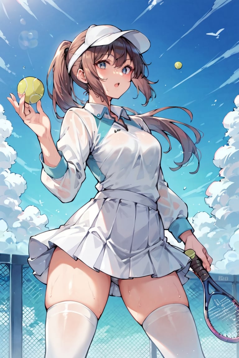 score_9, score_8_up, score_7_up, score_6_up, BREAK source_anime, 1girl, ball, blue sky, cloud, cloudy sky, cowboy shot, hand up, hat, long hair, looking at viewer, looking to the side, open mouth, outdoors, playing sports, ponytail, racket, shirt, short sleeves, skirt, sky, solo, sportswear, tennis ball, tennis racket, tennis uniform, thighs, white hat, white shirt, white skirt, white sleeves,white stockings