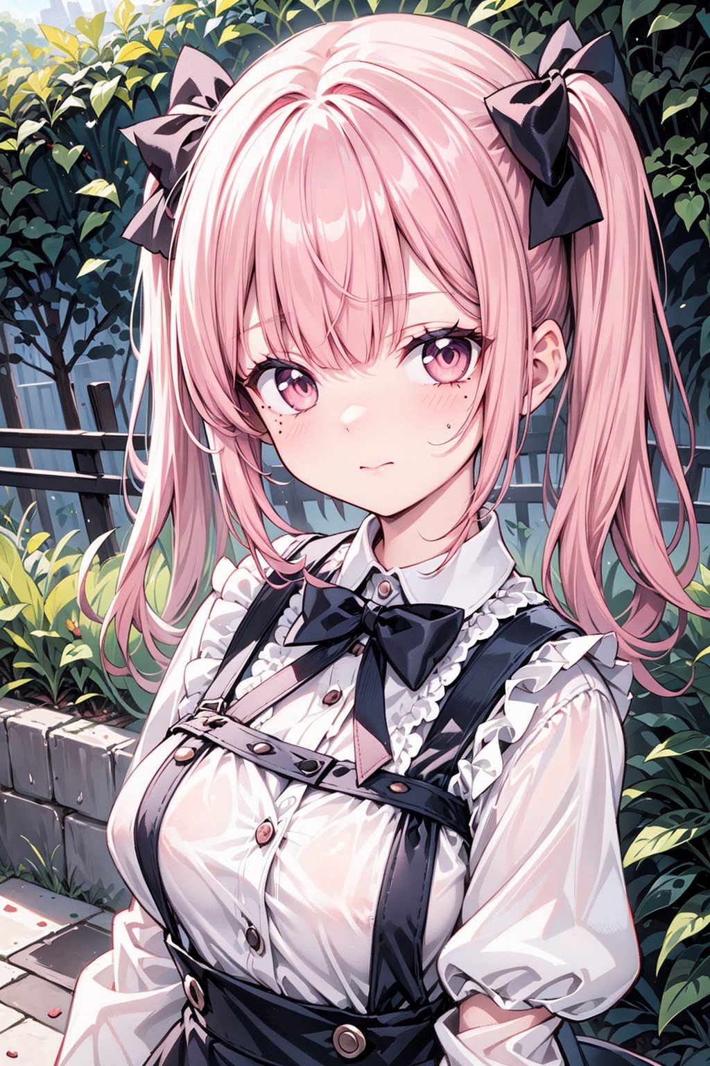 1girl, solo, looking at viewer, bangs, shirt, dress, bow, ribbon, twintails, closed mouth, white shirt, upper body, pink hair, hair bow, outdoors, puffy sleeves, blunt bangs, medium hair, mole, black dress, pink bow, realistic, pinafore dres