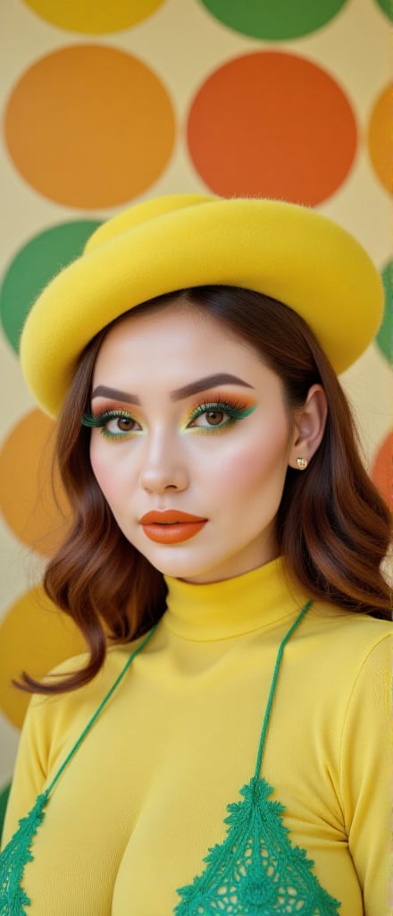 roy lichtenstein inspired makeup with large dots,  A high-resolution photo,  fashion-inspired photo of a woman wearing bol...