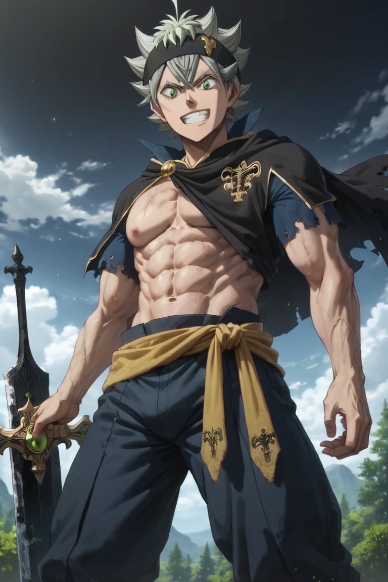 score_9, score_8_up, score_7_up, masterpiece, best quality, best aesthetic, source_anime, intricate details, 1boy, male focus, solo,(black sky, dark clouds, gloomy atmosphere,)
BREAK,muscular body,abs,pectoral lift,(sideways),
BREAK,headband,clothes around waist,baggy pants, short sleeves, forest,bulge in pants,
 BREAK,from below, Waist-up view,look at the viewer,grin,(magic book) , Holding the sword in your right hand ,cape,
BREAK,asta_black_clover, grey hair, green eyes, spiked hair,Wielding sword