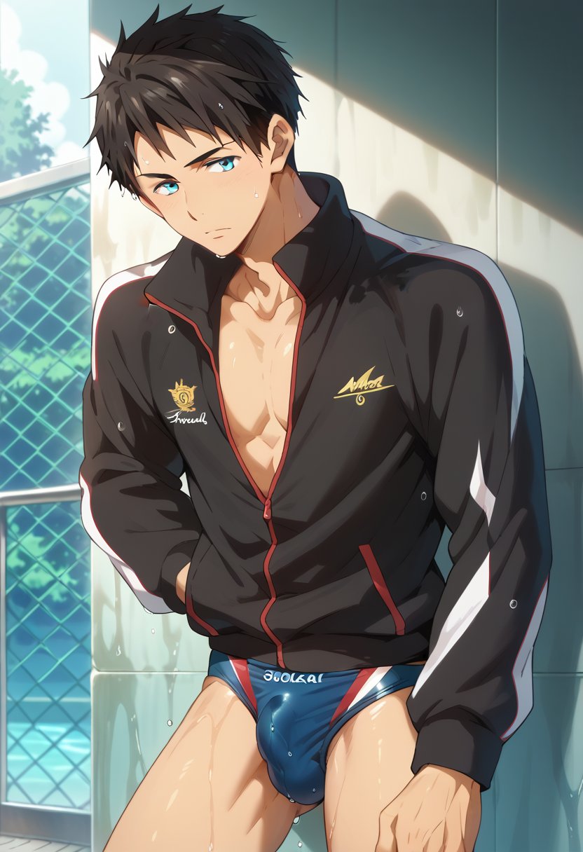 ,score_9, score_8_up, score_7_up, masterpiece, best quality, extremely detailed,highres,detailed beautiful face and eyes, male focus,solo
BREAK,sousuke_yamazaki, black hair, blue eyes, short hair
BREAK,black track jacket,
BREAK,male swimwear,swim briefs,speedo
BREAK,wet_clothes
