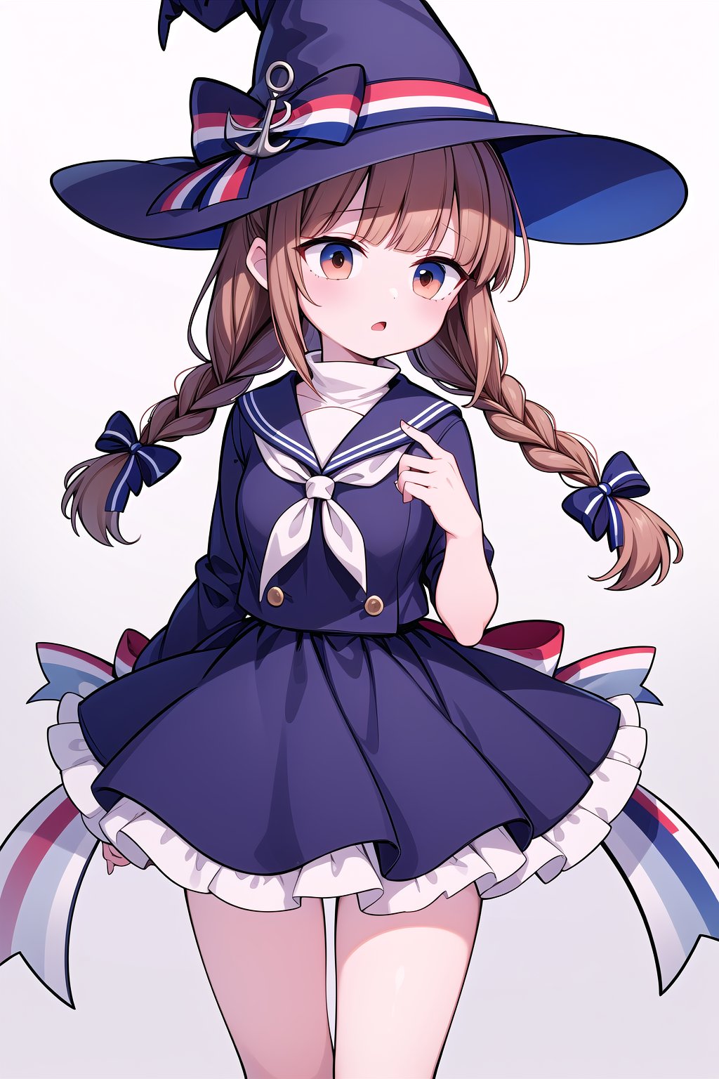 (masterpiece,bestquality,ultra_detailed,highres,absurdres:1.2),1girl,solo,wadanohara, witch hat, hat bow, multicolored bow, blue dress, blue hat, twin braid, long hair, handkerchief, anchor, hat ornament, sailor collar, white bow, multicolored ribbon, white skin, 