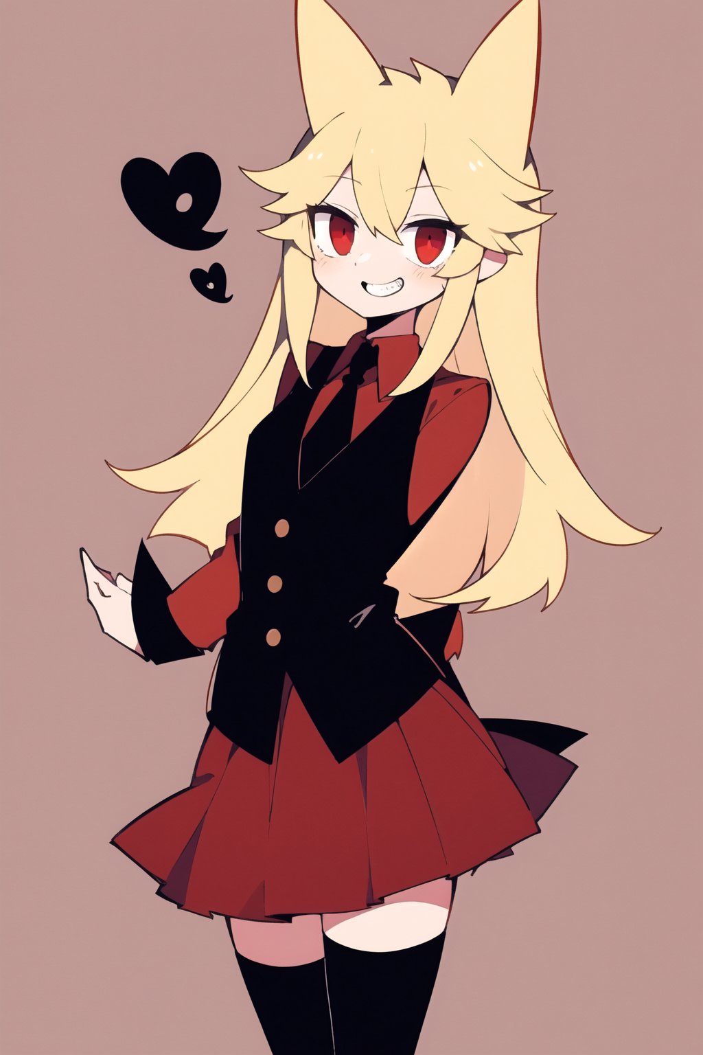 score_8_up, score_7_up, score_6_up, score_5_up,Mogeko, 1girl, solo, high_details, masterpiece, female_focus, long hair, blonde hair, simple background, red eyes, long black sleeves, animal ears, tail, cowboy shot, pleated skirt, grin, vest, red skirt, (red shirt), black necktie, long black stockings, black boots, :}