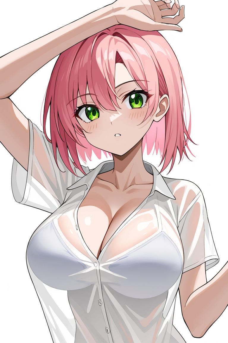 masterpiece, 
anime
white background,
1gir, pink hair, green eyes, big chest, transparent shirt