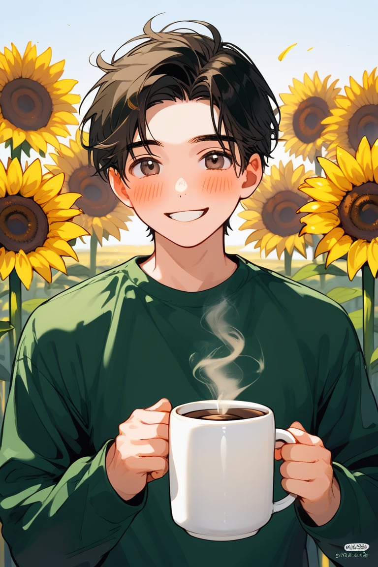 a man lifting his shirt in a field of sunflowers, mischievous smile, blushing,,  cup coffee
