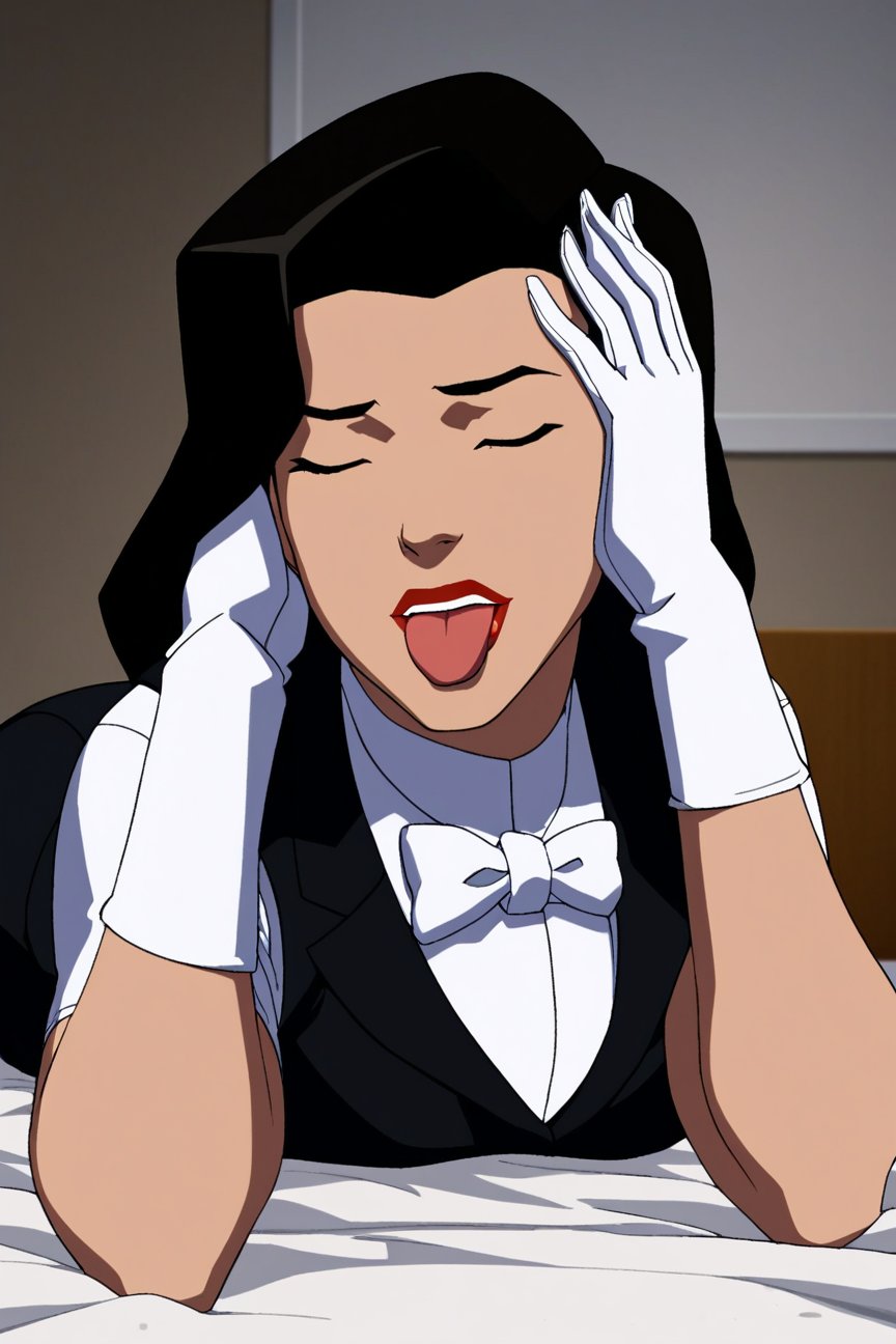 score_9_up, score_8_up, score_7_up, dc comics, young justice style, flat colors,1girl, zatanna, black hair, long hair, blue eyes, makeup, red lipstick, zatanna classic costume,white bowtie, white shirt, black vest, white gloves, black shorts,(in bed,lay, on stomach, hands on face, closed eyes, tongue out, face focus), solo, indoors, bedroom,best quality, high quality