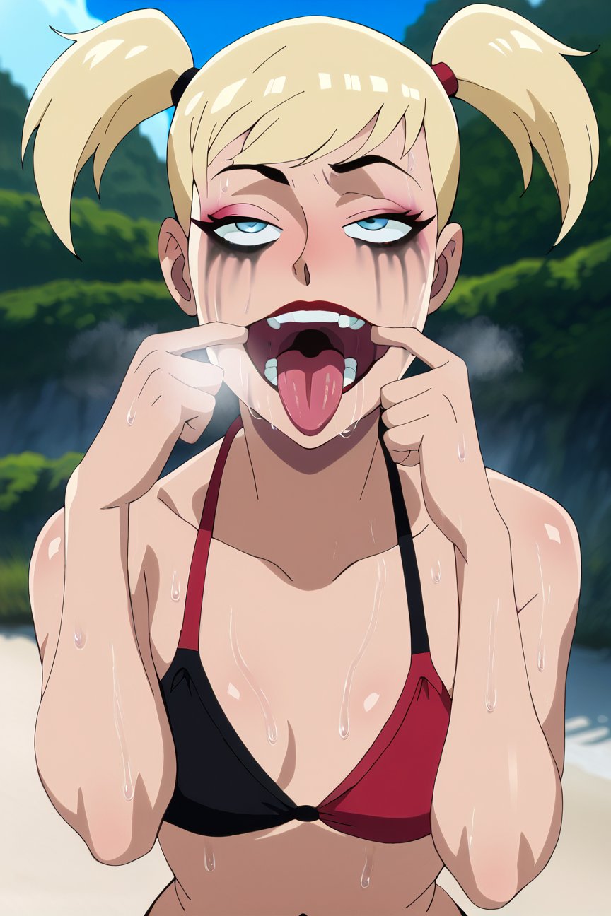 score_9_up, score_8_up, score_7_up, Harley quinn, blonde hair, short hair, bikini, sweat, sweatdrop, wet, salvia, salvia trail, ruined makeup, steaming body, tongue out, mouth pull, self mouth stretching, front view, face focus, steaming breath, solo, outdoors, beach, high quality, five fingers, good fingers