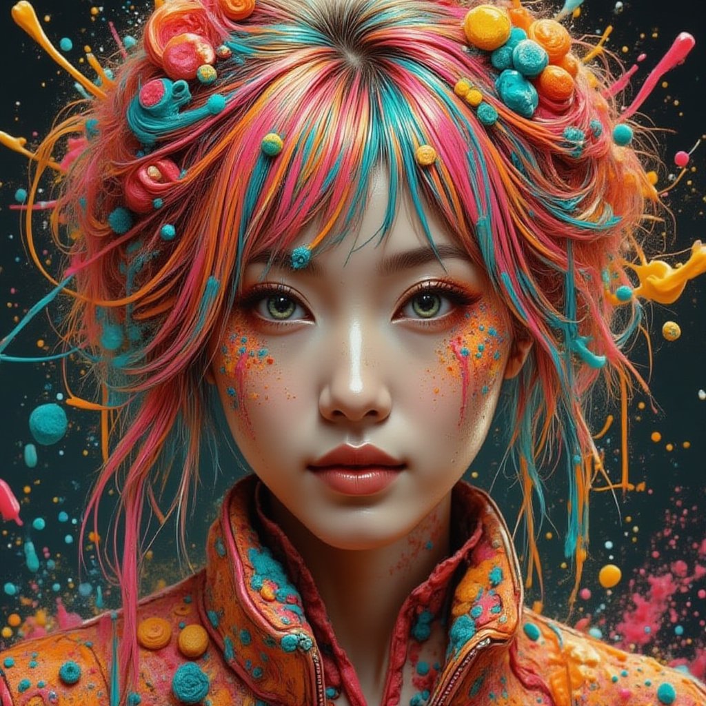 A stunning, photorealistic woman made entirely of colorful candy. Her skin resembles smooth, translucent gummy candy, her hair flows in vibrant licorice strands, and her eyes are shimmering like crystallized sugar, panthersplash