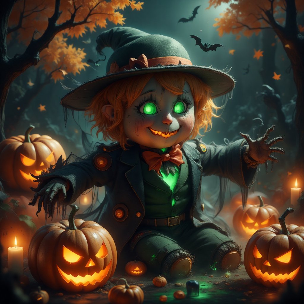 spookbyte, A whimsical Halloween scarecrow scene set in a lively pumpkin patch. The scarecrow is more friendly and cartoonish, with a straw-filled body, a big floppy hat, and a smile made of stitched fabric. Surrounding it are carved jack-o'-lanterns with cheerful expressions, flickering candlelight inside them. The background features a colorful autumn forest with falling leaves. Soft, warm lighting enhances the cozy Halloween atmosphere. 3D cartoon style.
